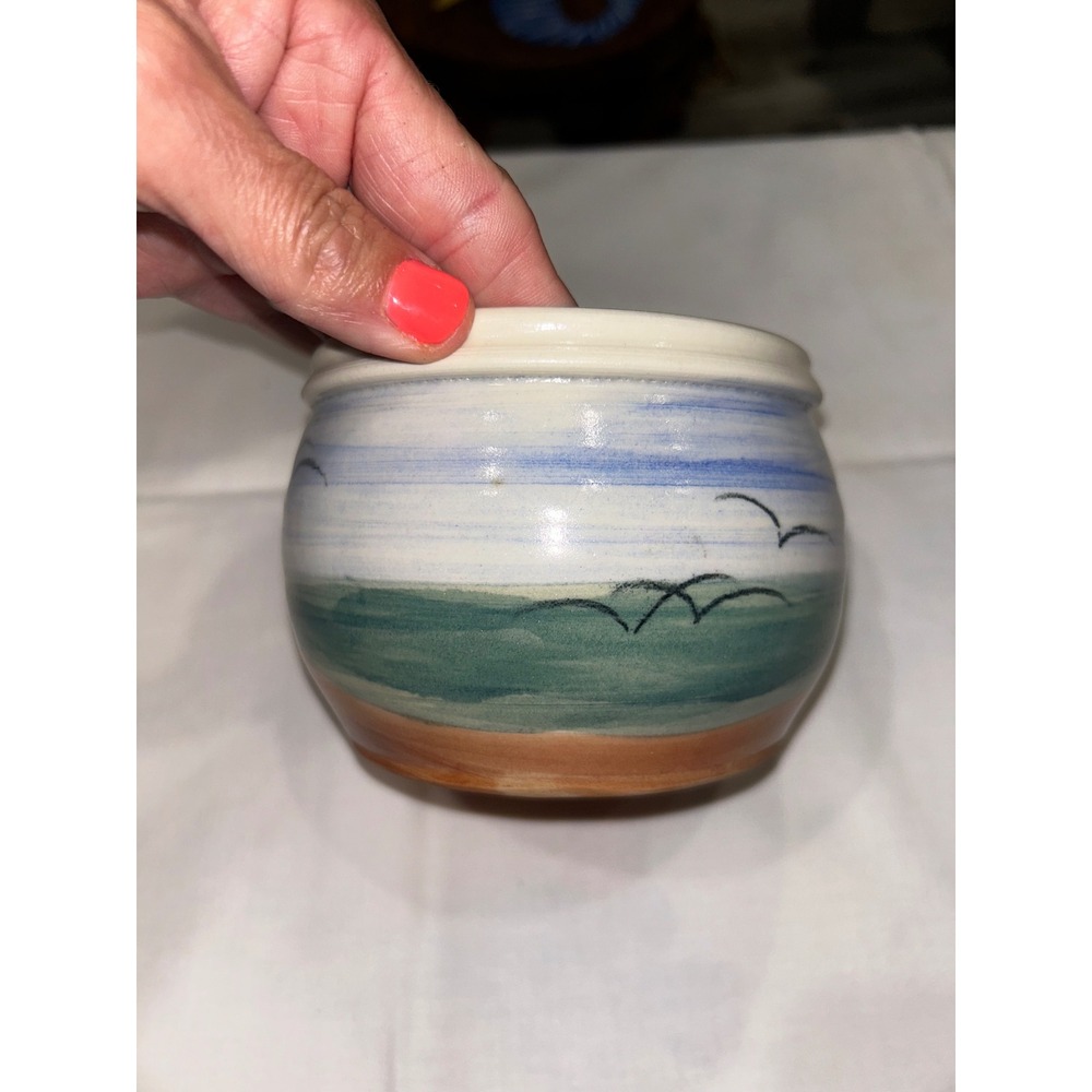 Signed Studio Pottery Coastal Beach Scene Ceramic Bowl Hand Painted Landscape - Picture 3 of 8